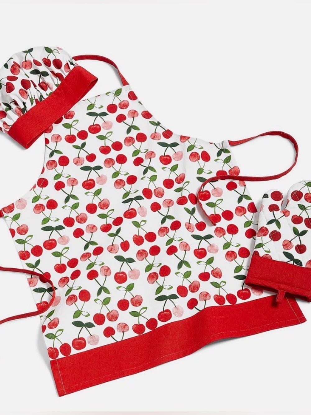 Martha Stewart Kids Cherry Print Apron, Chef Hat, Oven Mitt Set - NWT